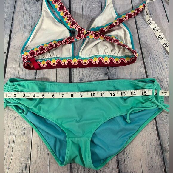 VINTAGE Victoria’s Secret Teal Mandela Boho Halter Top and Solid Bottom Bikini M - Picture 8 of 9